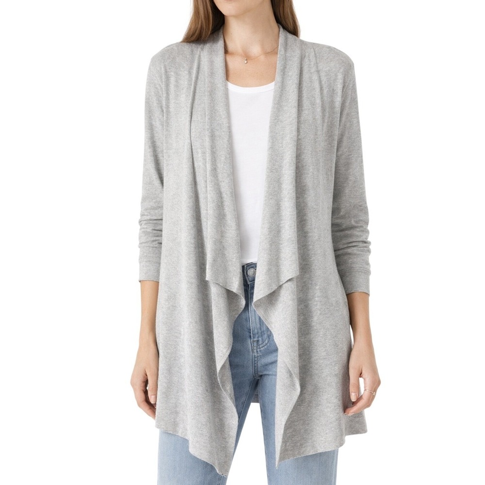 Pure Jill J. Jill Heather Gray Cotton Blend Open Front Waterfall Cardigan Large
